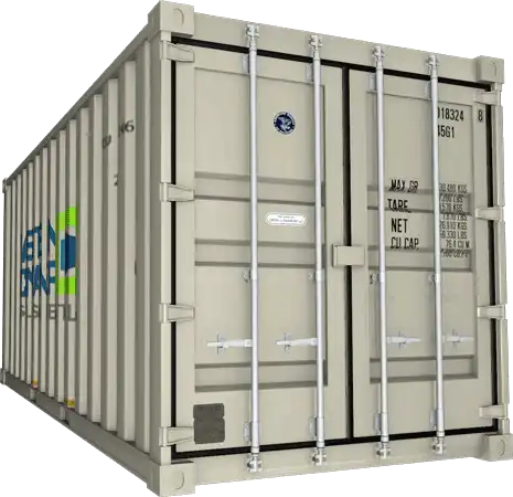 door side view of a 20ft storage container rental, beige 20ft storage container, 20ft storage container for rent, rent storage container