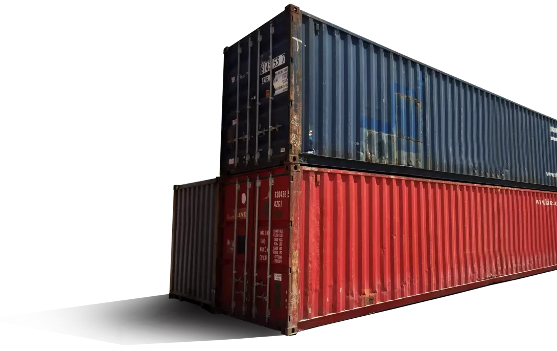two 40 foot shipping containers in blue and red stacked, used shipping containers for sale stacked at intermodal depot, used 40ft shipping containers for sale