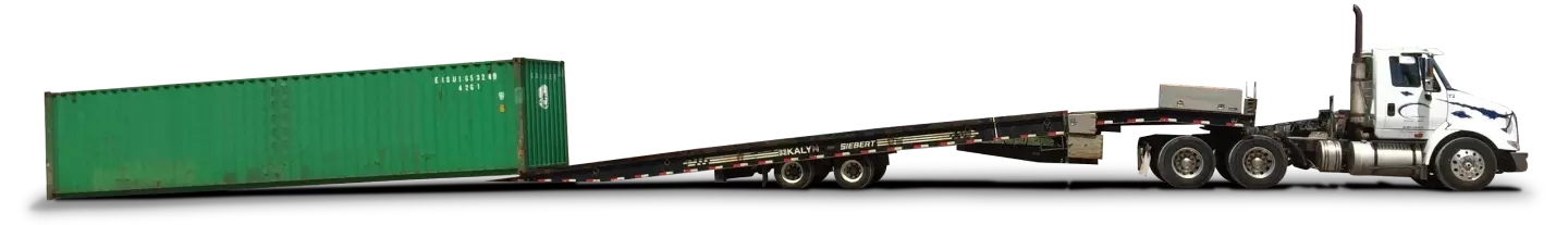 a delivery flatbed truck dropping off a 40 foot green shipping container, used shipping container delivery, delivery of conex containers, buy used shipping containers and have them delivered